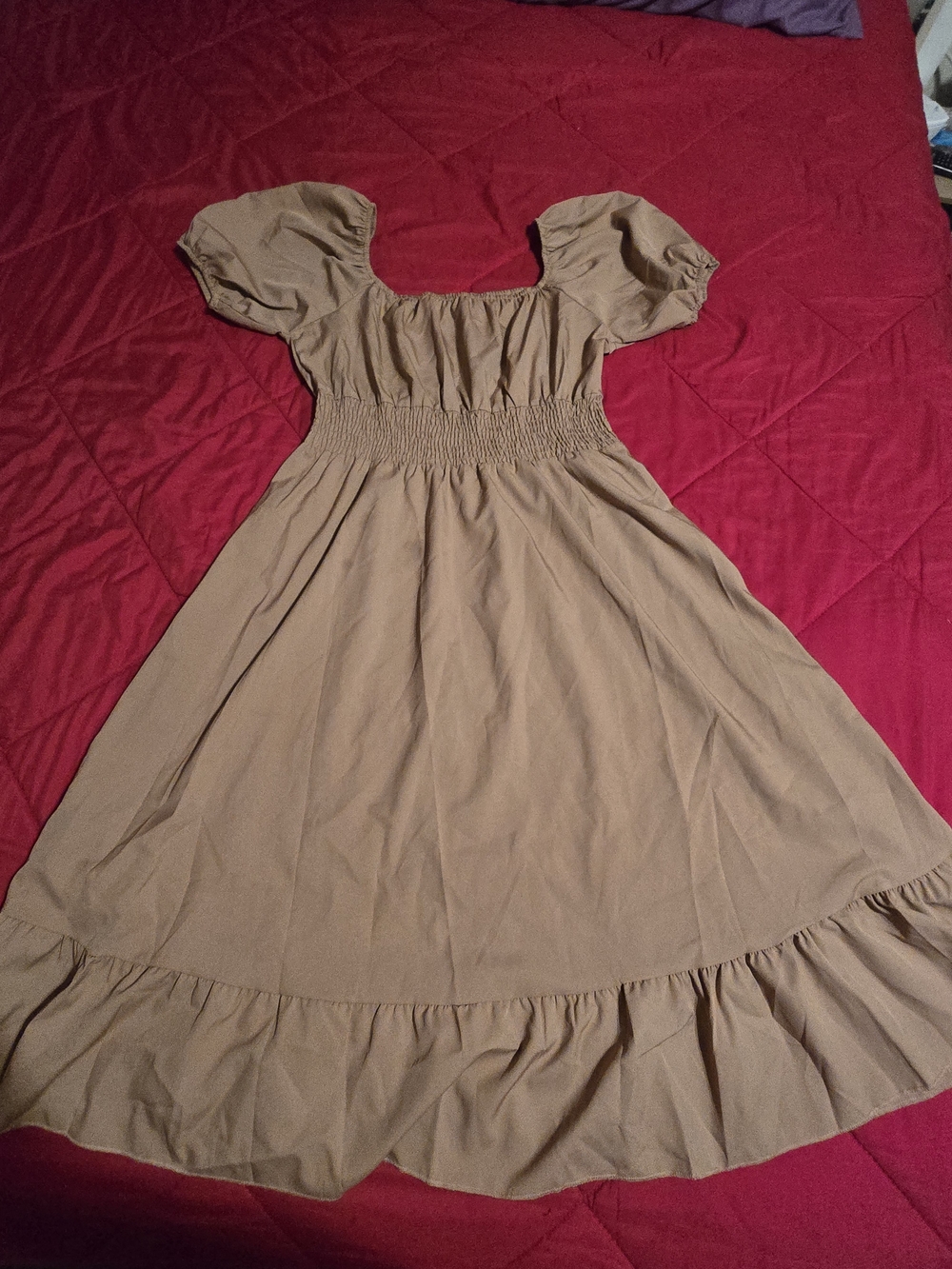 Smocked Waist Puff Sleeve Midi Dress in Taupe